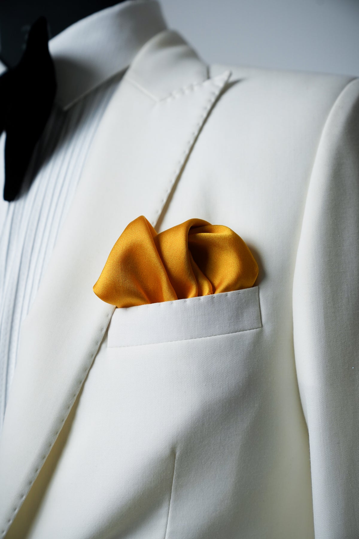 Saffron Sunset Pocket Square with white blazer